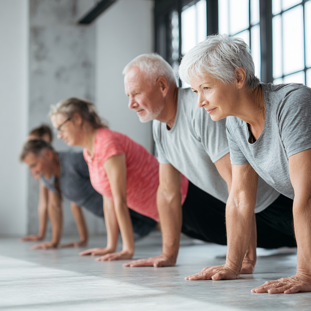 Group of middle-aged Ukrainian adults performing gentle stretching and core strengthening exercises in a bright fitness studio